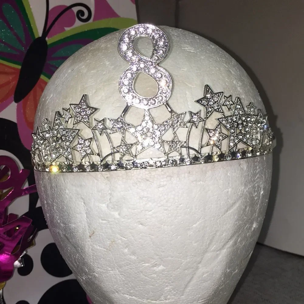 8th birthday party with birthday banner , small decor, tiara and sash